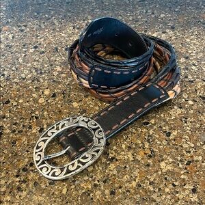 Brighton Strap Braided Leather Stitched Belt Silver Buckle Boho Western Size 34